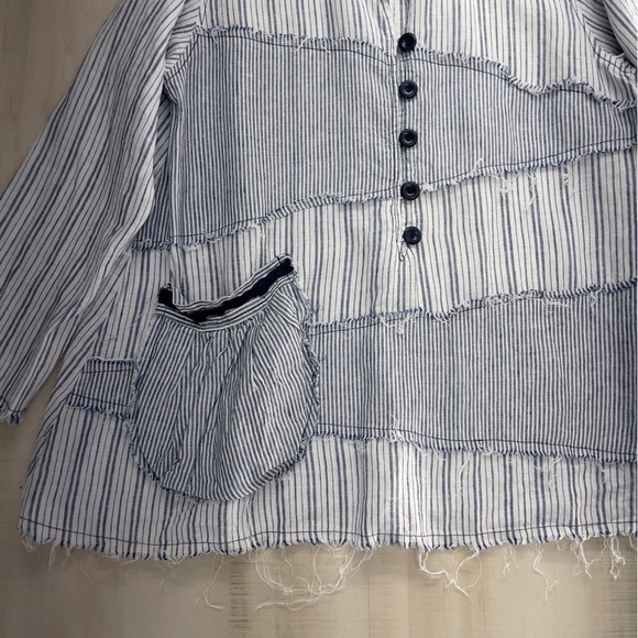 BODIL striped patchwork pocket tunic top blouse lagenlook linen blue XL art work - Picture 8 of 9